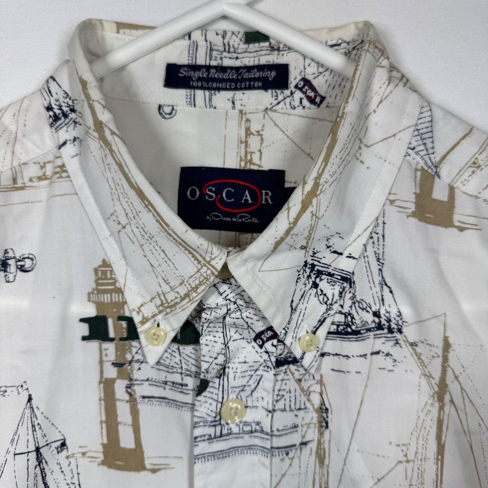 Oscar de la Renta Nautical Sailing‎ Boat Lighthouse Button Down Shirt Sz L Y2K